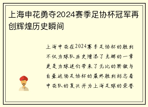 上海申花勇夺2024赛季足协杯冠军再创辉煌历史瞬间